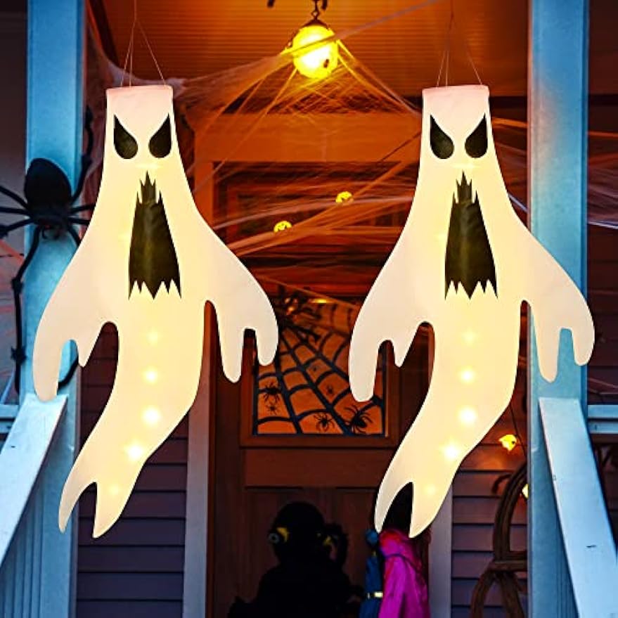 Solpex Manches à air fantôme d'Halloween effrayantes fantôme à suspendre drapeau avec lumières chaudes décorations d'Halloween pour extérieur, intérieur, jardin, maison, cour, fête d'Halloween