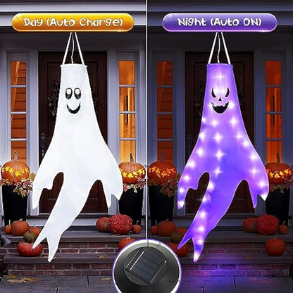 Enhon 2 Pack Halloween Ghost Windsocks, Solar Powered Glowing Halloween Outdoor Hanging Windsocks, 50 Inch Spooky Halloween Light Up Ghost Decorations for Door Window Tree Yard Porch Party, Purple