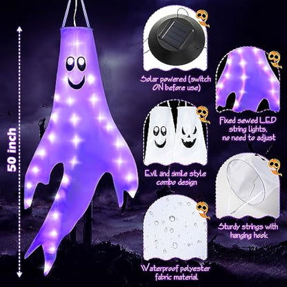 Enhon 2 Pack Halloween Ghost Windsocks, Solar Powered Glowing Halloween Outdoor Hanging Windsocks, 50 Inch Spooky Halloween Light Up Ghost Decorations for Door Window Tree Yard Porch Party, Purple