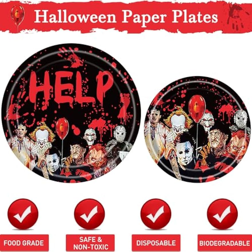 PATYDEST 96 PCS Halloween Paper Plates and Napkins Disposable Halloween Party Supplies Tableware Set Scary Happy Halloween Theme Birthday Dessert Plates Black Holiday Dinnerware Sets for 24 Guests