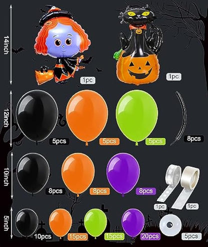 Halloween Balloon Garland Arch Kit, 114Pcs Black Orange Green Purple Balloons / Cat Pumpkin Witch Spider Balloons for Indoor and Outdoor Halloween Party Decorations, Haunted House Theme