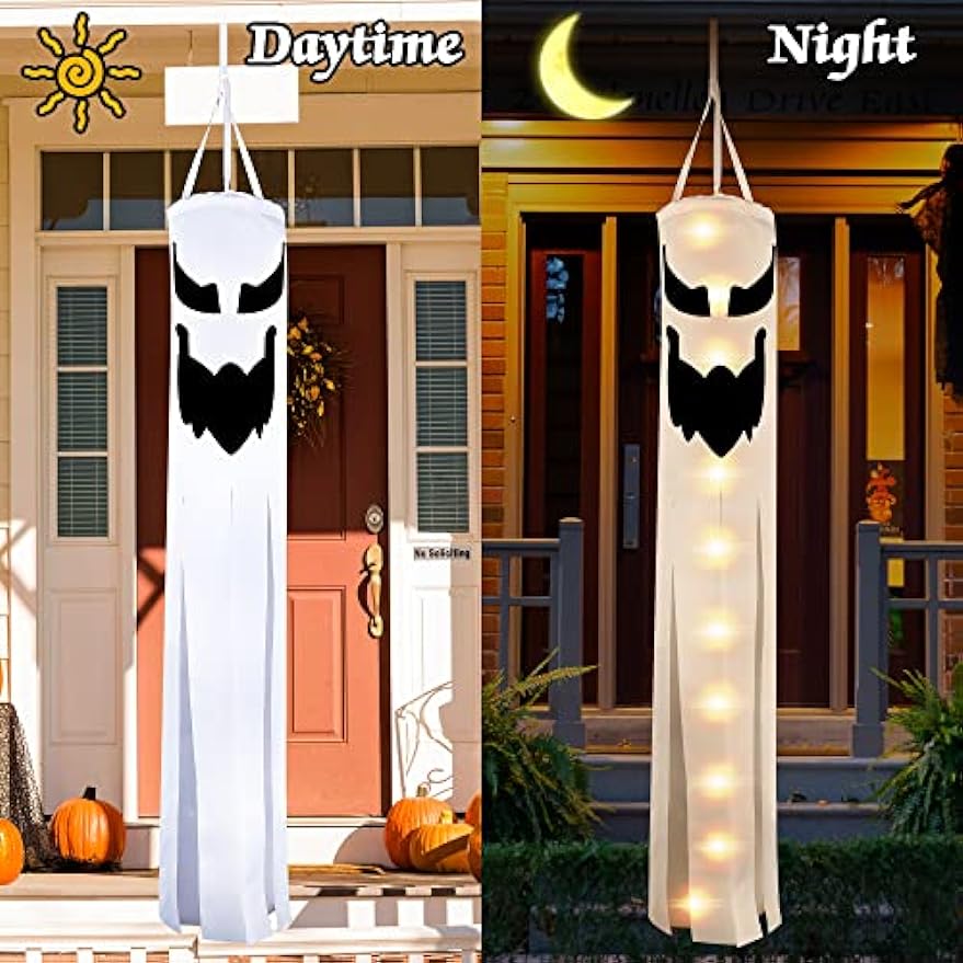 2PCS Halloween Ghost Windsocks Hanging Decorations, 40 Inch Spooky Halloween Windsocks Flag Hanging Decorations Outdoor with 2 Flashing Modes for Patio Garden Yard Tree Home Party Supplies