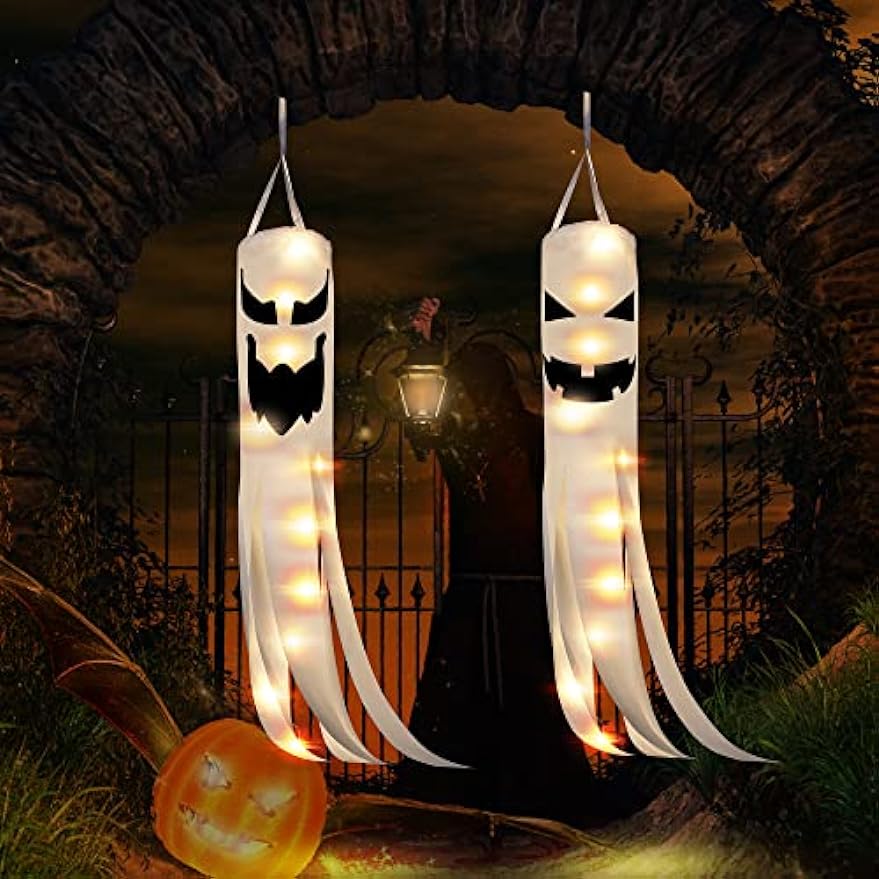 2PCS Halloween Ghost Windsocks Hanging Decorations, 40 Inch Spooky Halloween Windsocks Flag Hanging Decorations Outdoor with 2 Flashing Modes for Patio Garden Yard Tree Home Party Supplies