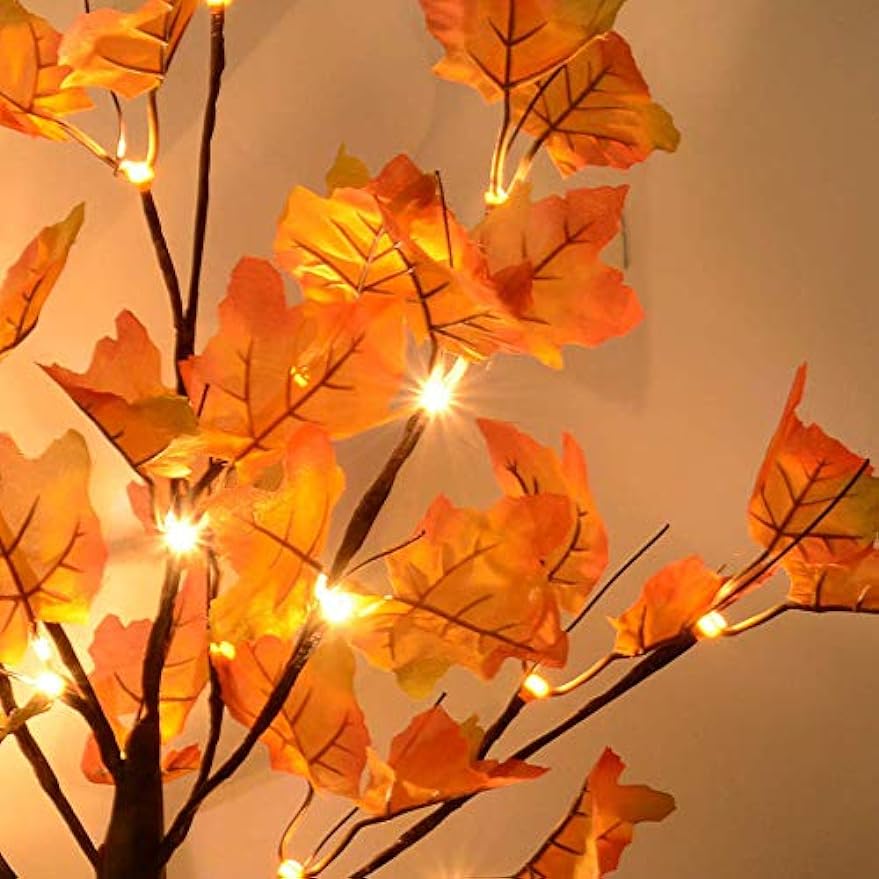 Artificial Fall Lighted Maple Tree 24 LED Thanksgiving Decorations Table Lights Battery Operated for Wedding Party Gifts Indoor Outdoor Autumn Harvest Home Decor