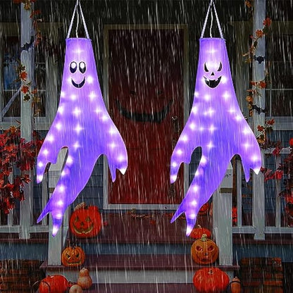 Enhon 2 Pack Halloween Ghost Windsocks, Solar Powered Glowing Halloween Outdoor Hanging Windsocks, 50 Inch Spooky Halloween Light Up Ghost Decorations for Door Window Tree Yard Porch Party, Purple