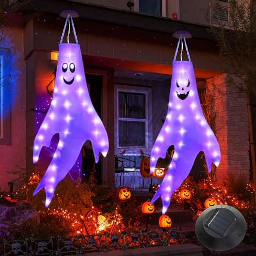 Enhon 2 Pack Halloween Ghost Windsocks, Solar Powered Glowing Halloween Outdoor Hanging Windsocks, 50 Inch Spooky Halloween Light Up Ghost Decorations for Door Window Tree Yard Porch Party, Purple