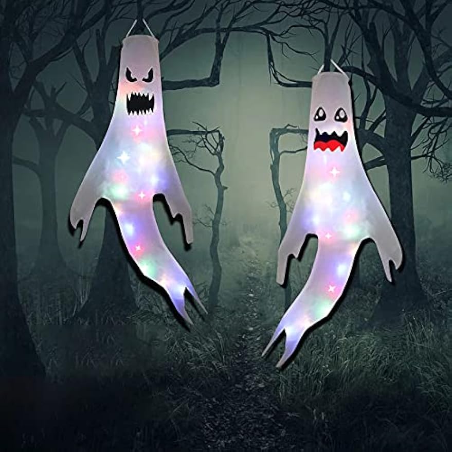 2Pcs 47" Halloween Ghost Windsocks Decorations with LED Light Outdoor Halloween Decorations Hanging Ghost Windsocks Décor for Halloween