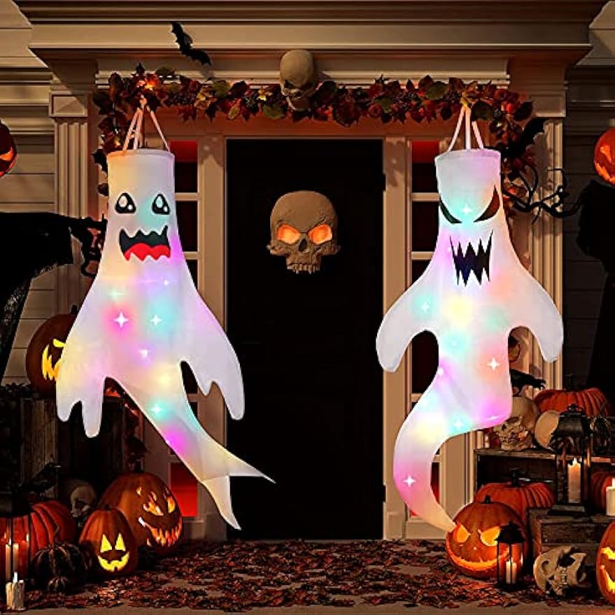 2Pcs 47" Halloween Ghost Windsocks Decorations with LED Light Outdoor Halloween Decorations Hanging Ghost Windsocks Décor for Halloween