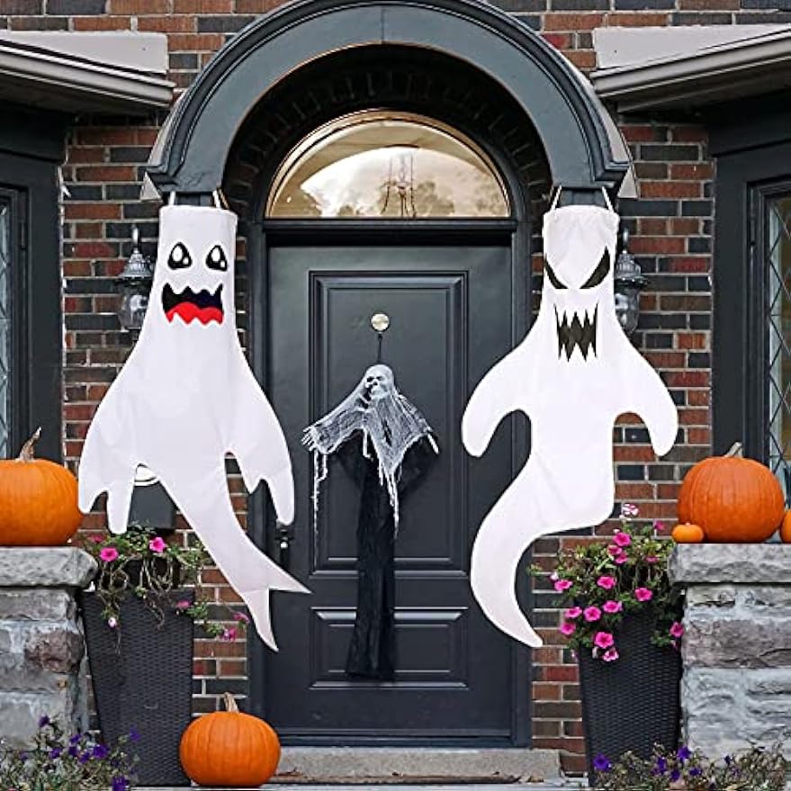 2Pcs 47" Halloween Ghost Windsocks Decorations with LED Light Outdoor Halloween Decorations Hanging Ghost Windsocks Décor for Halloween