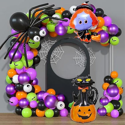 Halloween Balloon Garland Arch Kit, 114Pcs Black Orange Green Purple Balloons / Cat Pumpkin Witch Spider Balloons for Indoor and Outdoor Halloween Party Decorations, Haunted House Theme