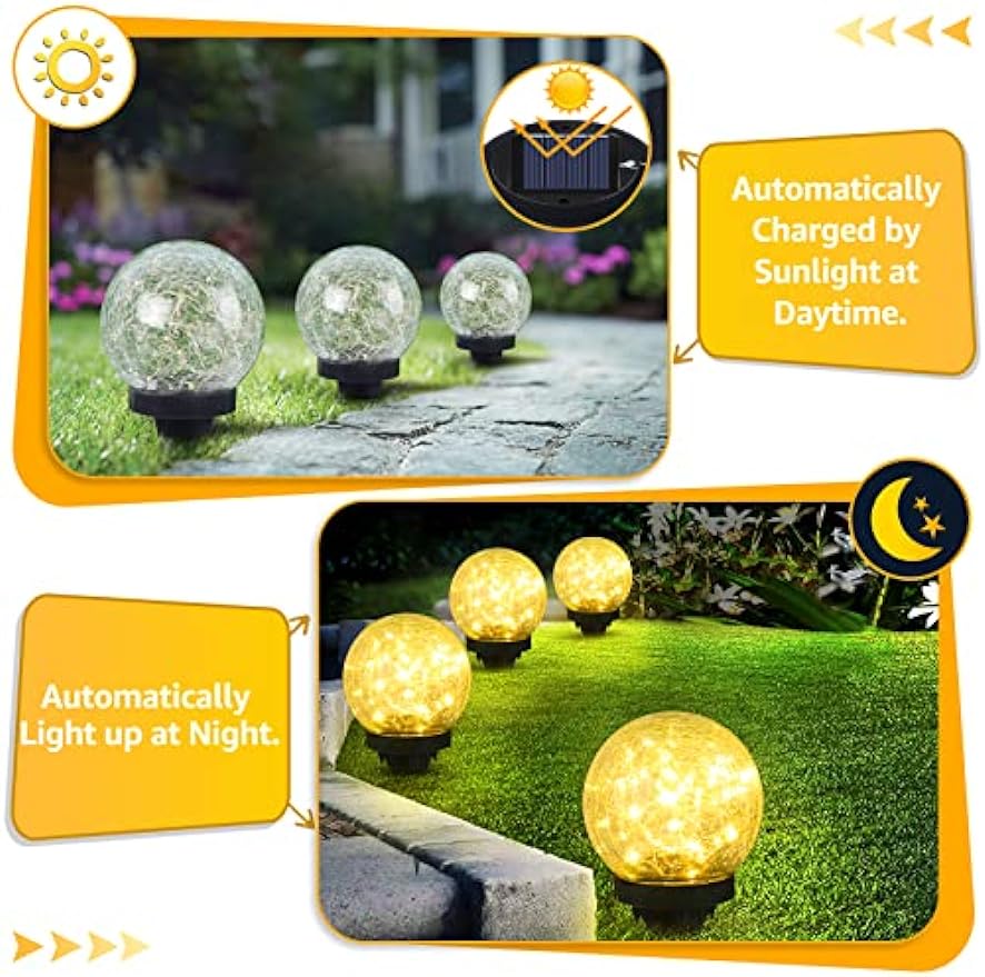 ASOMST 2-Pack Garden Solar Lights Outdoor, Cracked Glass Ball Light Waterproof, Decorative Solar Globe Lights Warm White, LED Solar Powered Ground Lighting for Yard Pathway Patio Lawn Outside Decor