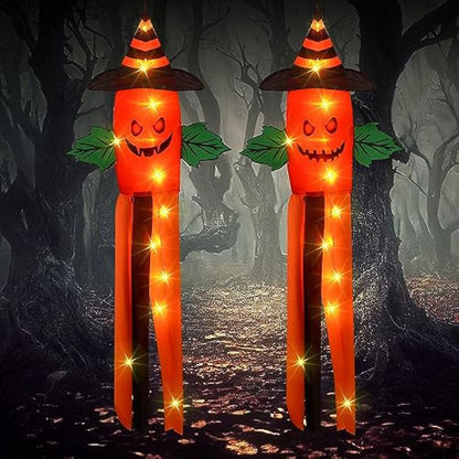 2 Pack Halloween Windsock Flag Halloween Outdoor Decorations with LED Lights Hanging Glowing Witch Hat Windsock Flag Ghost Spooky Wind Socks for Trees Yard Front Door Decor (Pumpkin)