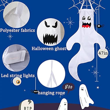 2Pcs 47" Halloween Ghost Windsocks Decorations with LED Light Outdoor Halloween Decorations Hanging Ghost Windsocks Décor for Halloween