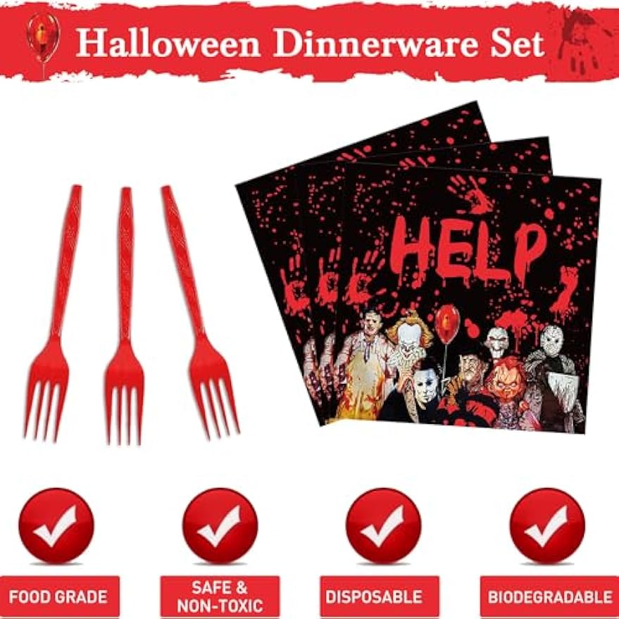 PATYDEST 96 PCS Halloween Paper Plates and Napkins Disposable Halloween Party Supplies Tableware Set Scary Happy Halloween Theme Birthday Dessert Plates Black Holiday Dinnerware Sets for 24 Guests