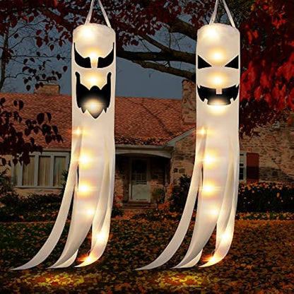 2PCS Halloween Ghost Windsocks Hanging Decorations, 40 Inch Spooky Halloween Windsocks Flag Hanging Decorations Outdoor with 2 Flashing Modes for Patio Garden Yard Tree Home Party Supplies