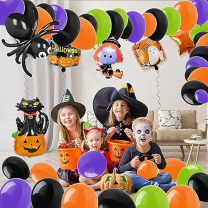 Halloween Balloon Garland Arch Kit, 114Pcs Black Orange Green Purple Balloons / Cat Pumpkin Witch Spider Balloons for Indoor and Outdoor Halloween Party Decorations, Haunted House Theme