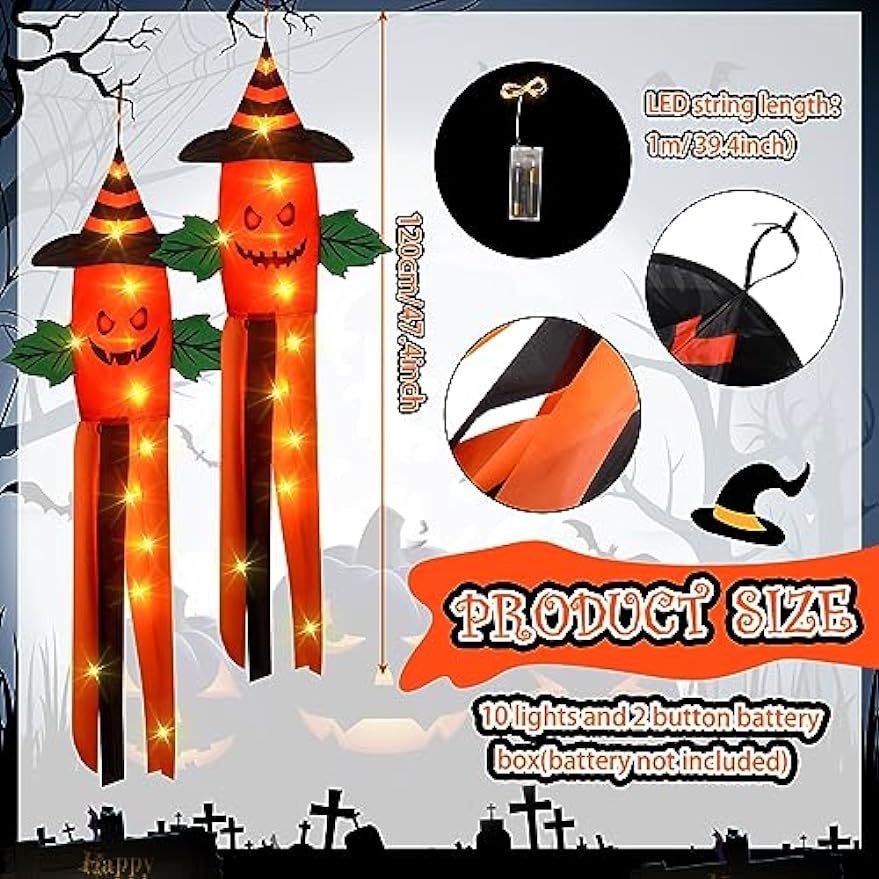 2 Pack Halloween Windsock Flag Halloween Outdoor Decorations with LED Lights Hanging Glowing Witch Hat Windsock Flag Ghost Spooky Wind Socks for Trees Yard Front Door Decor (Pumpkin)