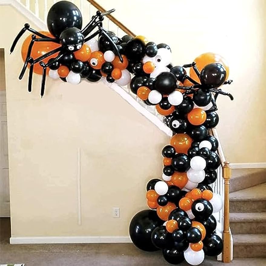 Halloween Balloon Garland Arch Kit, 114Pcs Black Orange Green Purple Balloons / Cat Pumpkin Witch Spider Balloons for Indoor and Outdoor Halloween Party Decorations, Haunted House Theme