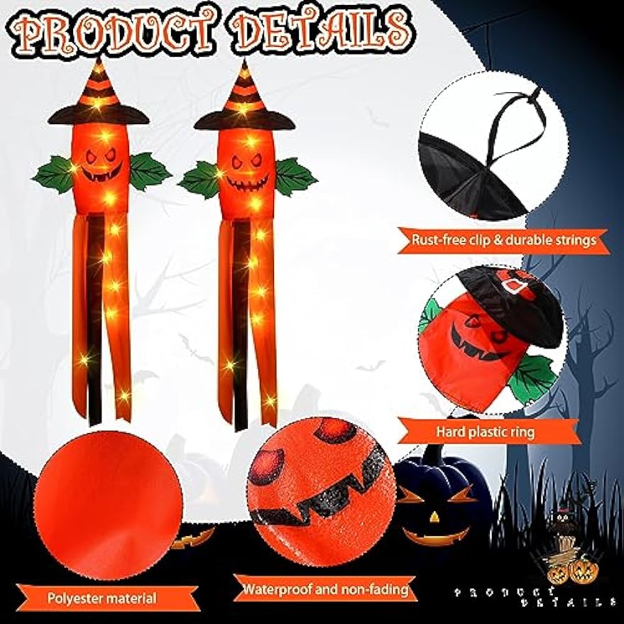 2 Pack Halloween Windsock Flag Halloween Outdoor Decorations with LED Lights Hanging Glowing Witch Hat Windsock Flag Ghost Spooky Wind Socks for Trees Yard Front Door Decor (Pumpkin)