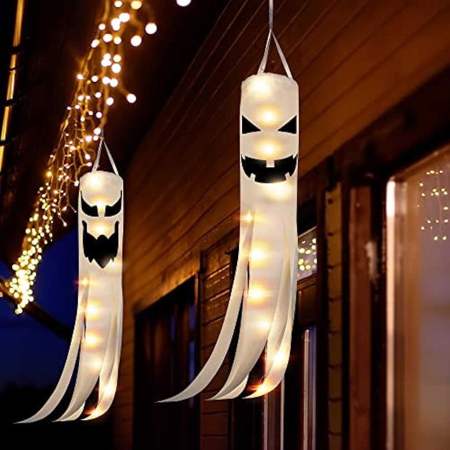 2PCS Halloween Ghost Windsocks Hanging Decorations, 40 Inch Spooky Halloween Windsocks Flag Hanging Decorations Outdoor with 2 Flashing Modes for Patio Garden Yard Tree Home Party Supplies