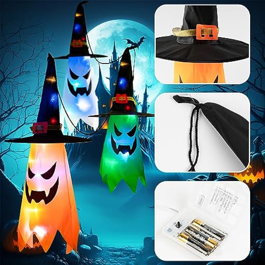 Halloween Decorations WindSock, 5 PCS Witch Hat Hanging Lighted Glowing Ghost with Remote Control, Outdoor Indoor Spooky Ornaments for Yard Tree Garden Halloween Party Favors (5pcs Colorful)