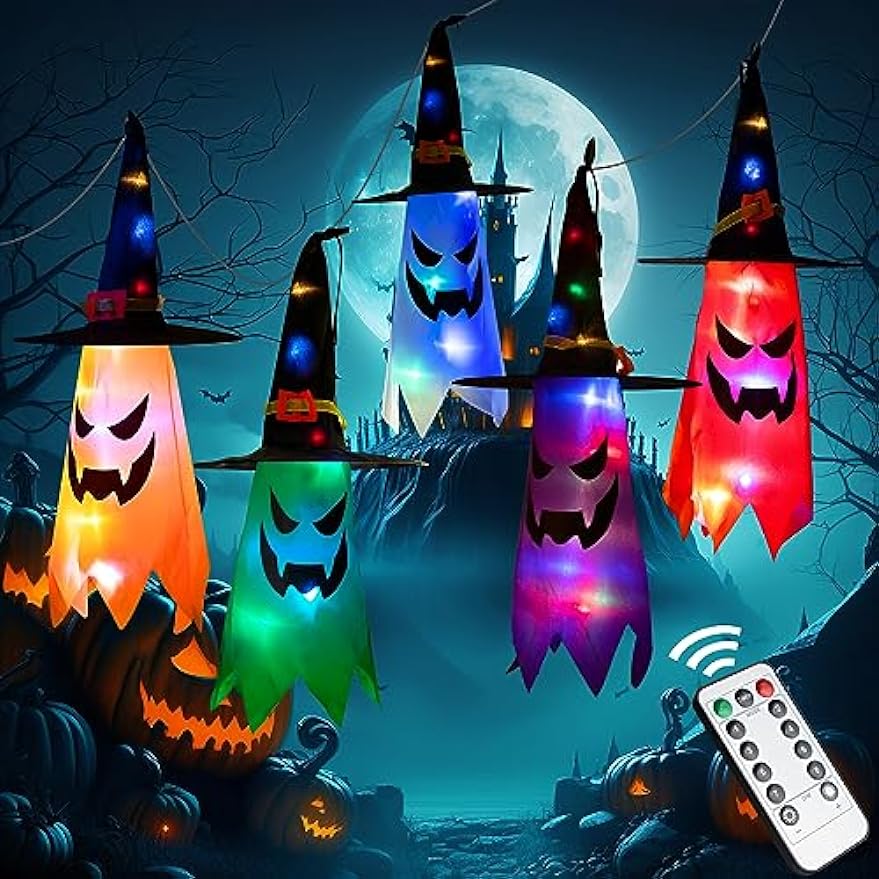 Halloween Decorations WindSock, 5 PCS Witch Hat Hanging Lighted Glowing Ghost with Remote Control, Outdoor Indoor Spooky Ornaments for Yard Tree Garden Halloween Party Favors (5pcs Colorful)