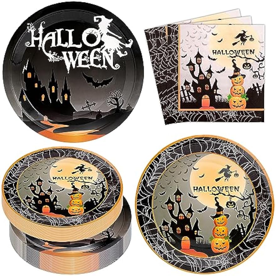 Halloween Party Supplies 60Pcs Halloween Paper Plates and Napkins Pumpkin Witch Halloween Theme Party Dinnerware for Halloween Birthday Party Decorations