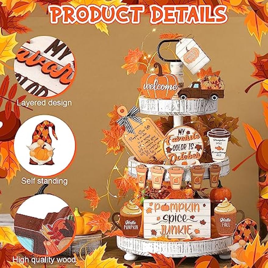 FairySandy 14 Pcs Fall Pumpkin Tiered Tray Decor Thanksgiving Tiered Tray Decorations Set Rustic Farmhouse Pumpkin Truck Spice Blocks Autumn Wooden Sign for Fall Home Table Harvest Holiday (Drinking)