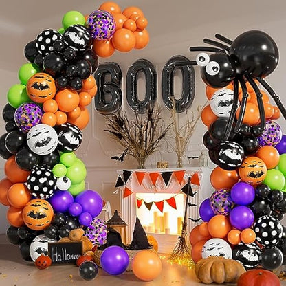 Grcypa Halloween Balloon Garland Arch kit with Spider Balloons Black Orange Purple Fruit Green Confetti Balloons BOO Foil Motifs Balloons for Halloween Theme Birthday Party Backdrops Decorations