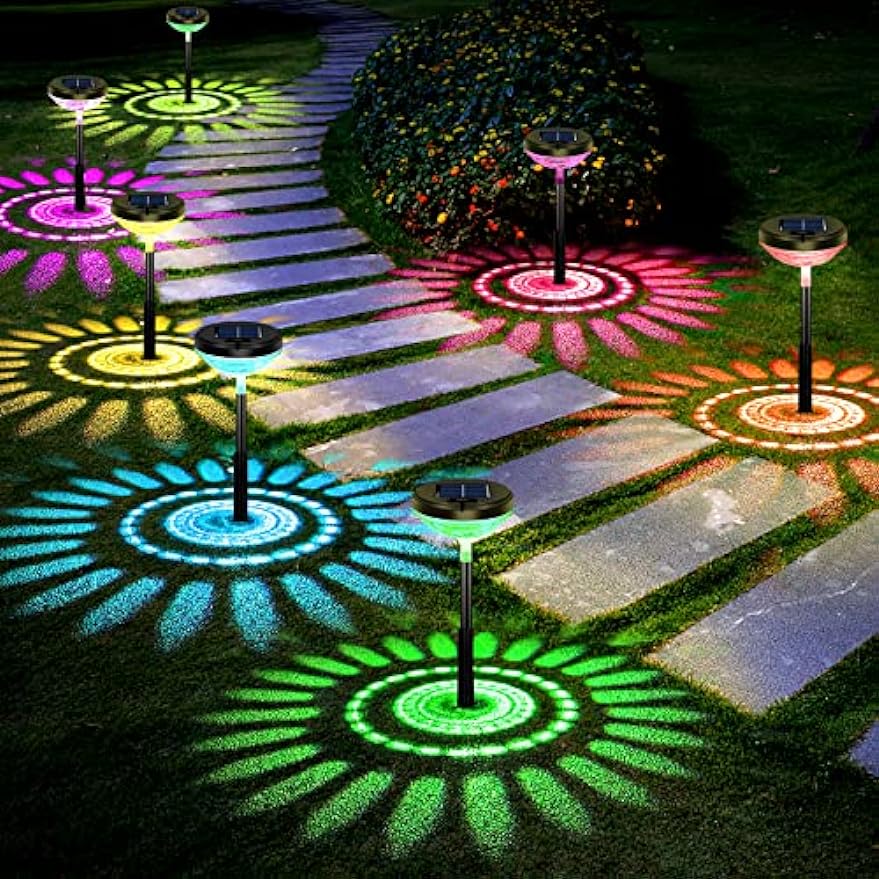 Bright Solar Pathway Lights 6 Pack,Color Changing+Warm White LED Outdoor IP67 Waterproof Path Lights,Solar Powered Garden Lights for Walkway Yard Backyard Lawn Landscape Decorative