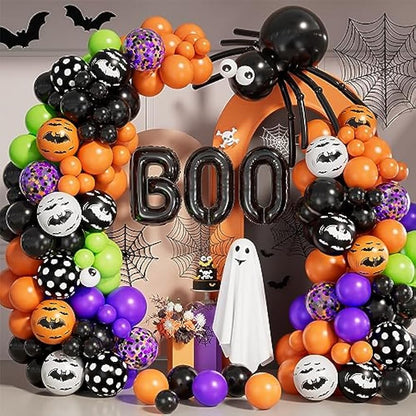 Grcypa Halloween Balloon Garland Arch kit with Spider Balloons Black Orange Purple Fruit Green Confetti Balloons BOO Foil Motifs Balloons for Halloween Theme Birthday Party Backdrops Decorations