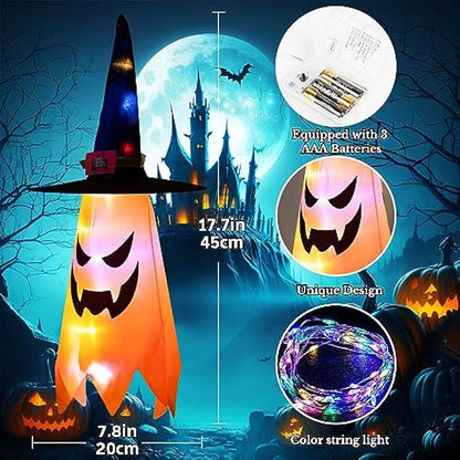 Halloween Decorations WindSock, 5 PCS Witch Hat Hanging Lighted Glowing Ghost with Remote Control, Outdoor Indoor Spooky Ornaments for Yard Tree Garden Halloween Party Favors (5pcs Colorful)