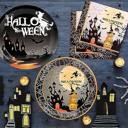 Halloween Party Supplies 60Pcs Halloween Paper Plates and Napkins Pumpkin Witch Halloween Theme Party Dinnerware for Halloween Birthday Party Decorations