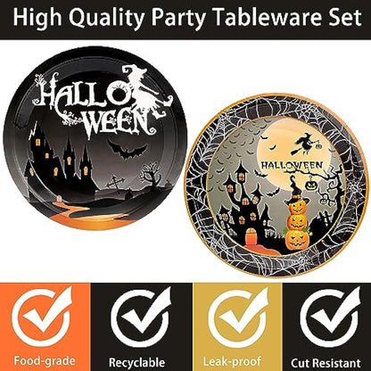 Halloween Party Supplies 60Pcs Halloween Paper Plates and Napkins Pumpkin Witch Halloween Theme Party Dinnerware for Halloween Birthday Party Decorations