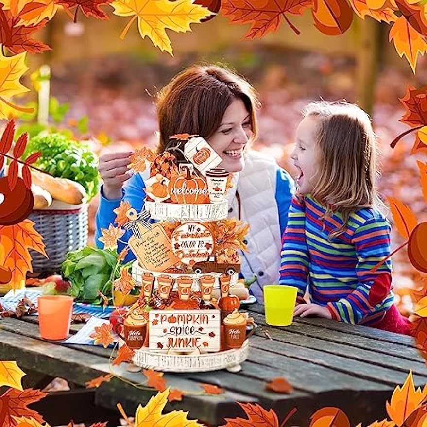 FairySandy 14 Pcs Fall Pumpkin Tiered Tray Decor Thanksgiving Tiered Tray Decorations Set Rustic Farmhouse Pumpkin Truck Spice Blocks Autumn Wooden Sign for Fall Home Table Harvest Holiday (Drinking)