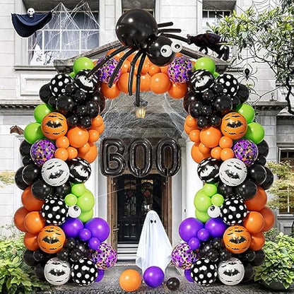 Grcypa Halloween Balloon Garland Arch kit with Spider Balloons Black Orange Purple Fruit Green Confetti Balloons BOO Foil Motifs Balloons for Halloween Theme Birthday Party Backdrops Decorations