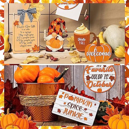 FairySandy 14 Pcs Fall Pumpkin Tiered Tray Decor Thanksgiving Tiered Tray Decorations Set Rustic Farmhouse Pumpkin Truck Spice Blocks Autumn Wooden Sign for Fall Home Table Harvest Holiday (Drinking)