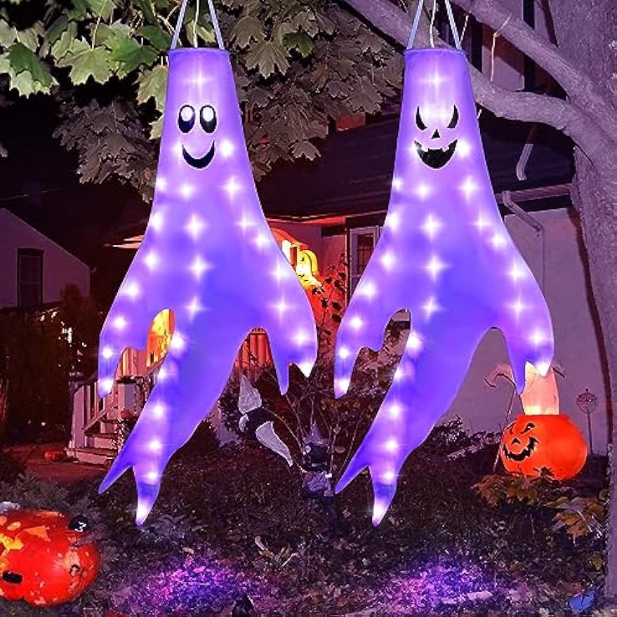 Enhon 2 Pack Halloween Ghost Windsocks, Solar Powered Glowing Halloween Outdoor Hanging Windsocks, 50 Inch Spooky Halloween Light Up Ghost Decorations for Door Window Tree Yard Porch Party, Purple