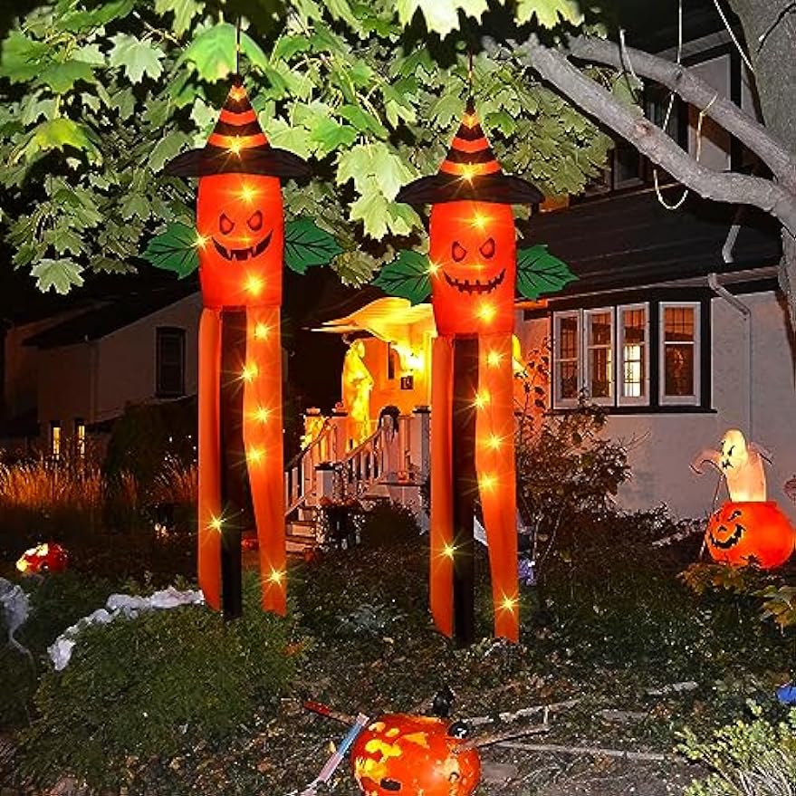 2 Pack Halloween Windsock Flag Halloween Outdoor Decorations with LED Lights Hanging Glowing Witch Hat Windsock Flag Ghost Spooky Wind Socks for Trees Yard Front Door Decor (Pumpkin)