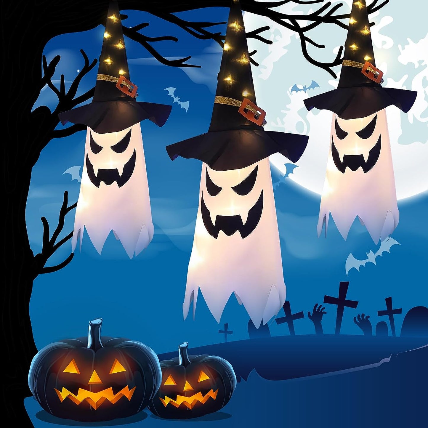 Halloween Decorations WindSock, 5 PCS Witch Hat Hanging Lighted Glowing Ghost with Remote Control, Outdoor Indoor Spooky Ornaments for Yard Tree Garden Halloween Party Favors (5pcs Colorful)