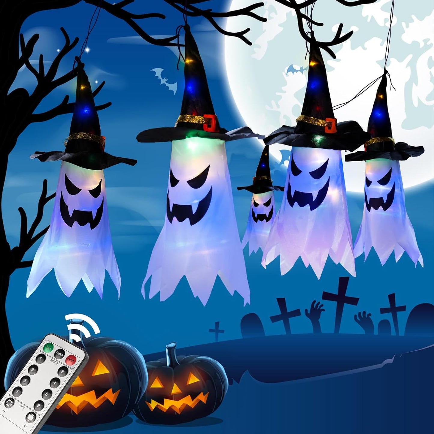 Halloween Decorations WindSock, 5 PCS Witch Hat Hanging Lighted Glowing Ghost with Remote Control, Outdoor Indoor Spooky Ornaments for Yard Tree Garden Halloween Party Favors (5pcs Colorful)