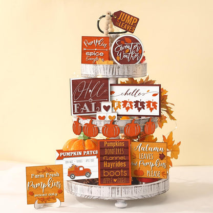 FairySandy 14 Pcs Fall Pumpkin Tiered Tray Decor Thanksgiving Tiered Tray Decorations Set Rustic Farmhouse Pumpkin Truck Spice Blocks Autumn Wooden Sign for Fall Home Table Harvest Holiday (Drinking)