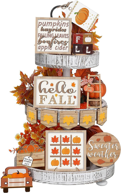 FairySandy 14 Pcs Fall Pumpkin Tiered Tray Decor Thanksgiving Tiered Tray Decorations Set Rustic Farmhouse Pumpkin Truck Spice Blocks Autumn Wooden Sign for Fall Home Table Harvest Holiday (Drinking)