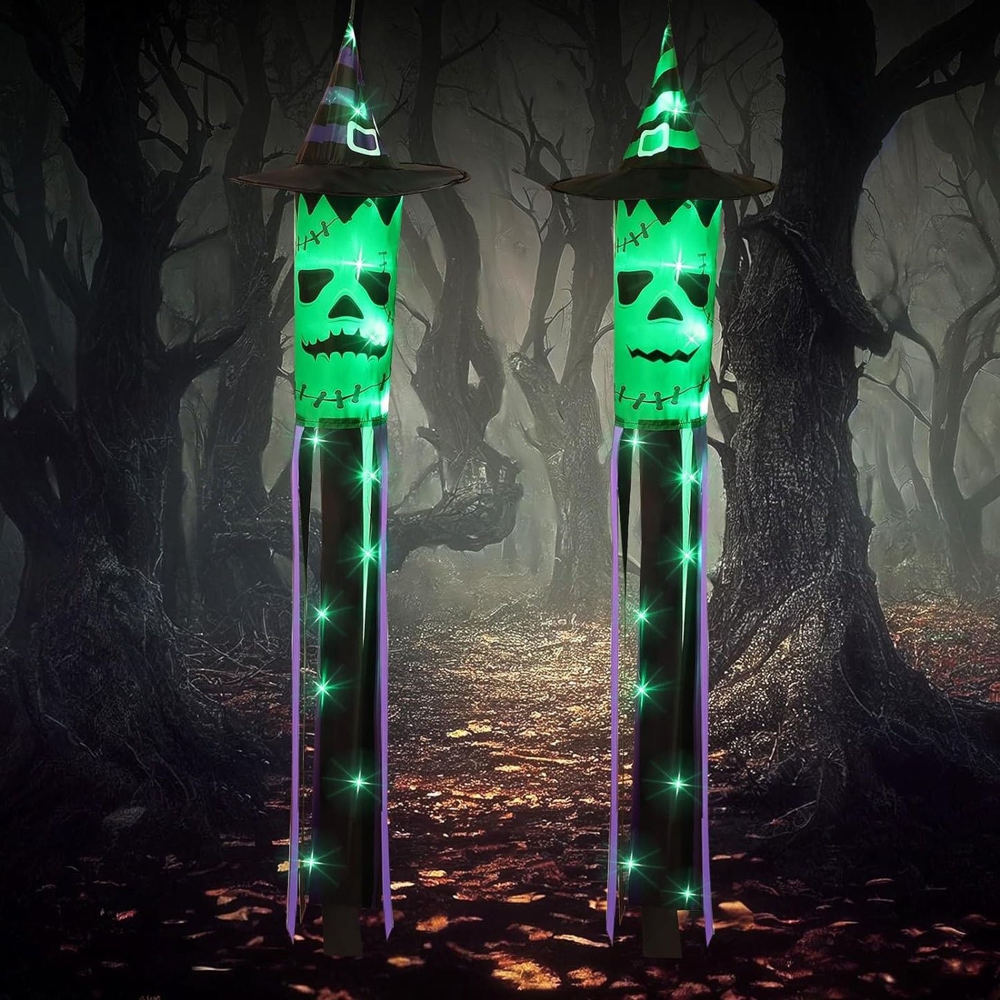 2 Pack Halloween Windsock Flag Halloween Outdoor Decorations with LED Lights Hanging Glowing Witch Hat Windsock Flag Ghost Spooky Wind Socks for Trees Yard Front Door Decor (Pumpkin)