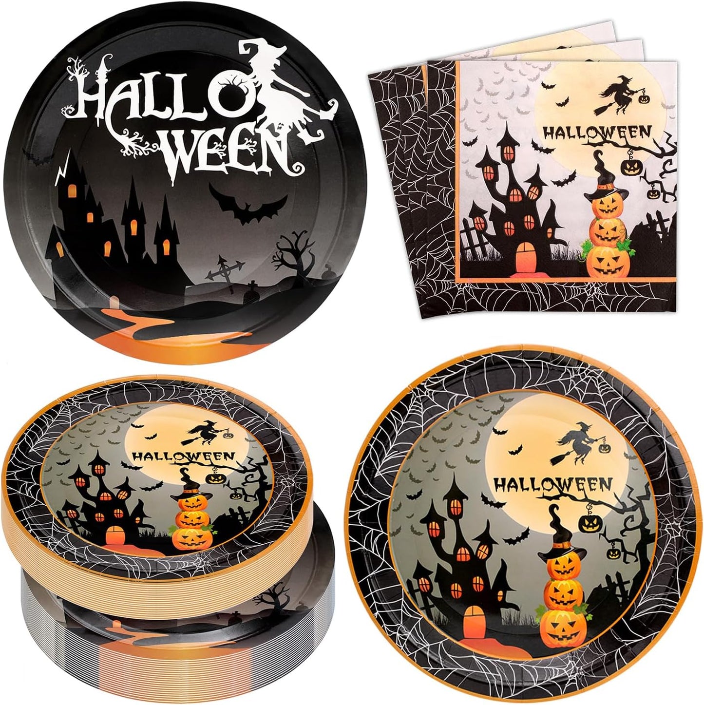 Halloween Party Supplies 60Pcs Halloween Paper Plates and Napkins Pumpkin Witch Halloween Theme Party Dinnerware for Halloween Birthday Party Decorations