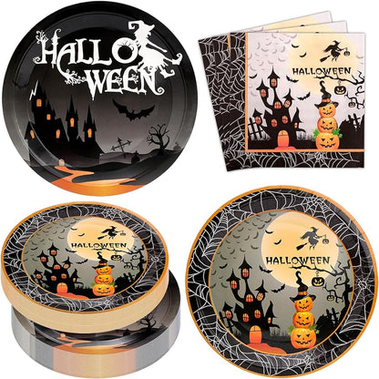 Halloween Party Supplies 60Pcs Halloween Paper Plates and Napkins Pumpkin Witch Halloween Theme Party Dinnerware for Halloween Birthday Party Decorations