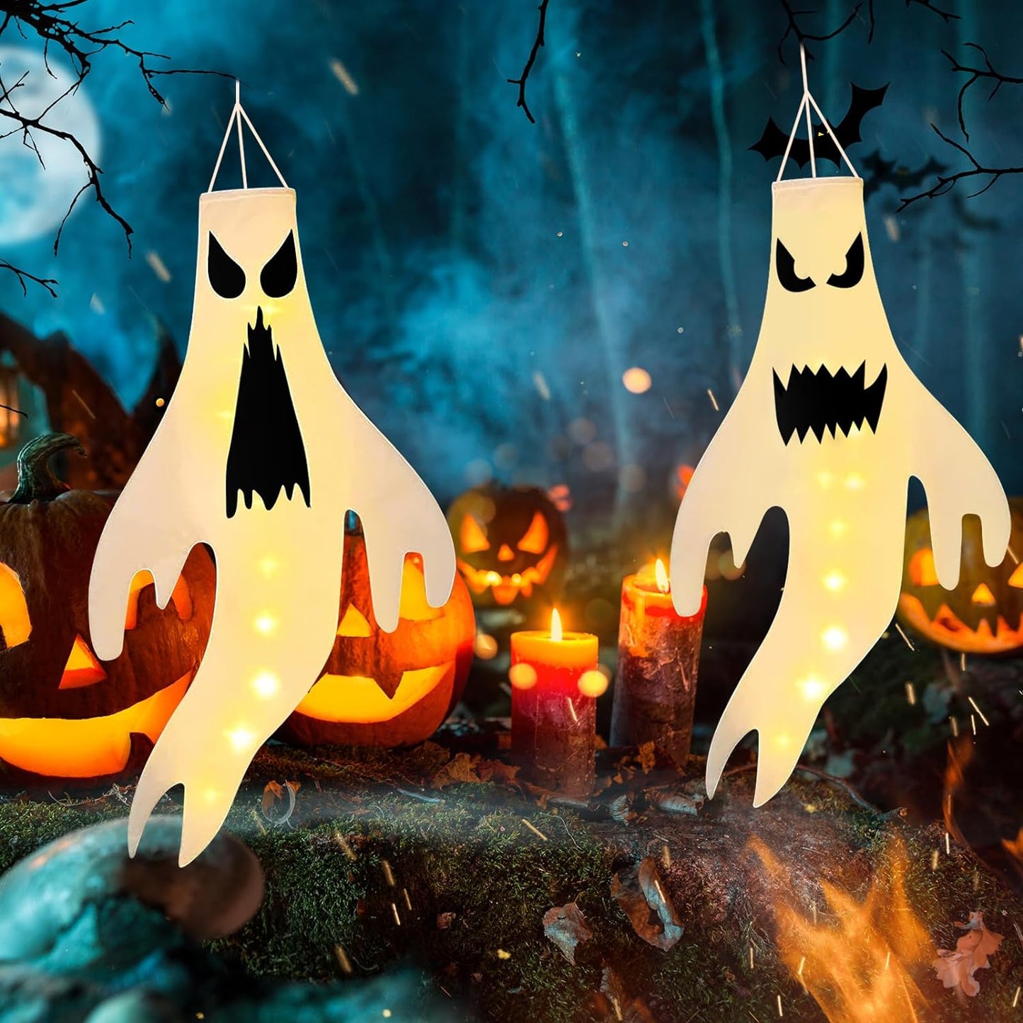 Halloween Decorations WindSock, 5 PCS Witch Hat Hanging Lighted Glowing Ghost with Remote Control, Outdoor Indoor Spooky Ornaments for Yard Tree Garden Halloween Party Favors (5pcs Colorful)