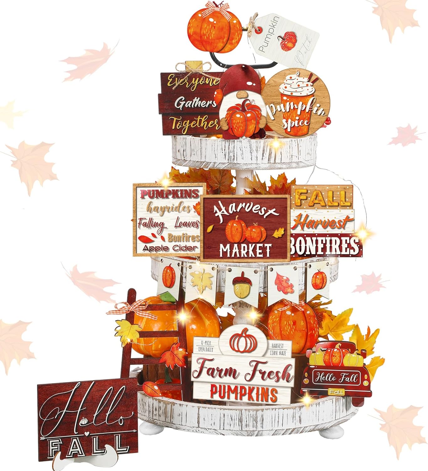 FairySandy 14 Pcs Fall Pumpkin Tiered Tray Decor Thanksgiving Tiered Tray Decorations Set Rustic Farmhouse Pumpkin Truck Spice Blocks Autumn Wooden Sign for Fall Home Table Harvest Holiday (Drinking)