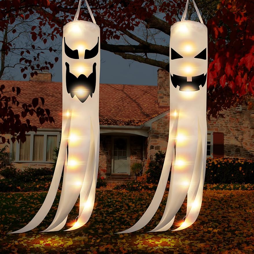 2PCS Halloween Ghost Windsocks Hanging Decorations, 40 Inch Spooky Halloween Windsocks Flag Hanging Decorations Outdoor with 2 Flashing Modes for Patio Garden Yard Tree Home Party Supplies