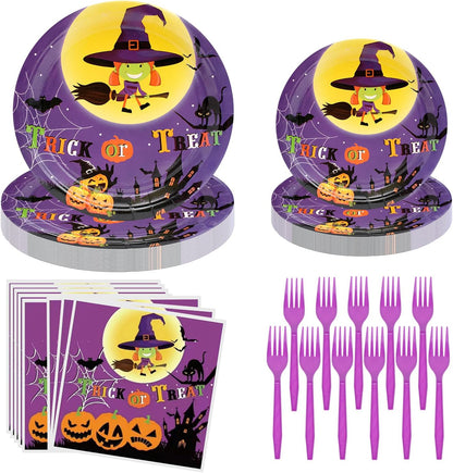 Halloween Party Supplies 60Pcs Halloween Paper Plates and Napkins Pumpkin Witch Halloween Theme Party Dinnerware for Halloween Birthday Party Decorations